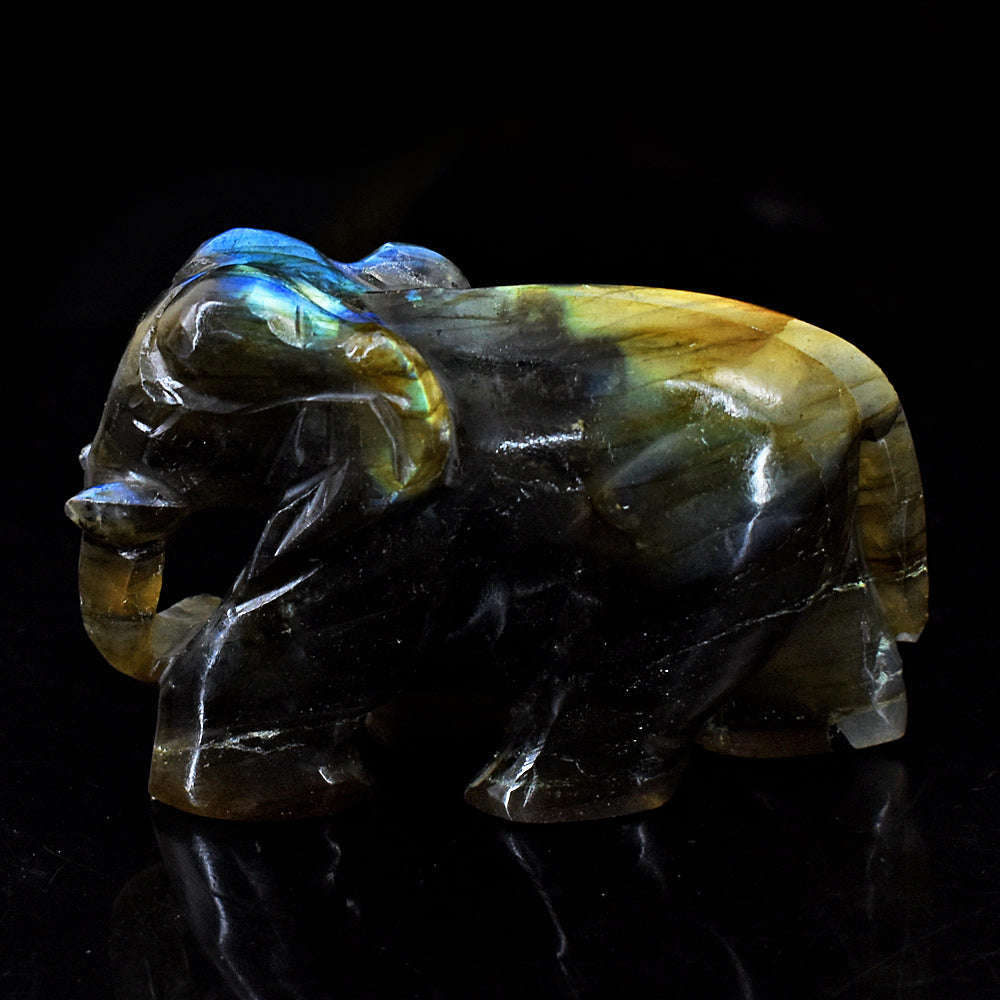 gemsmore:Exclusive Blue & Golden Flash Labradorite  Hand Carved Genuine Crystal Gemstone Carving Elephant