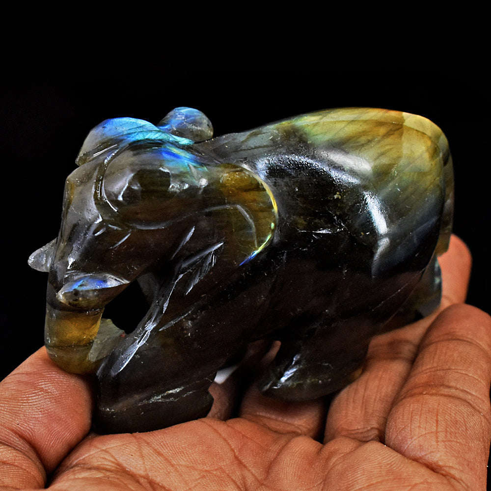 gemsmore:Exclusive Blue & Golden Flash Labradorite  Hand Carved Genuine Crystal Gemstone Carving Elephant