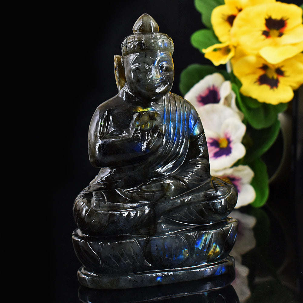 gemsmore:Exclusive Blue & Golden Flash Labradorite  Hand Carved Lord Buddha