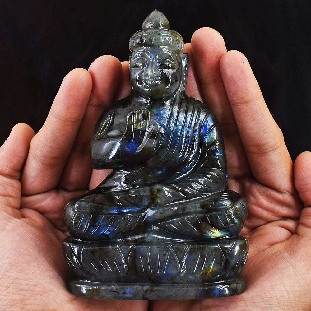 gemsmore:Exclusive Blue & Golden Flash Labradorite  Hand Carved Lord Buddha