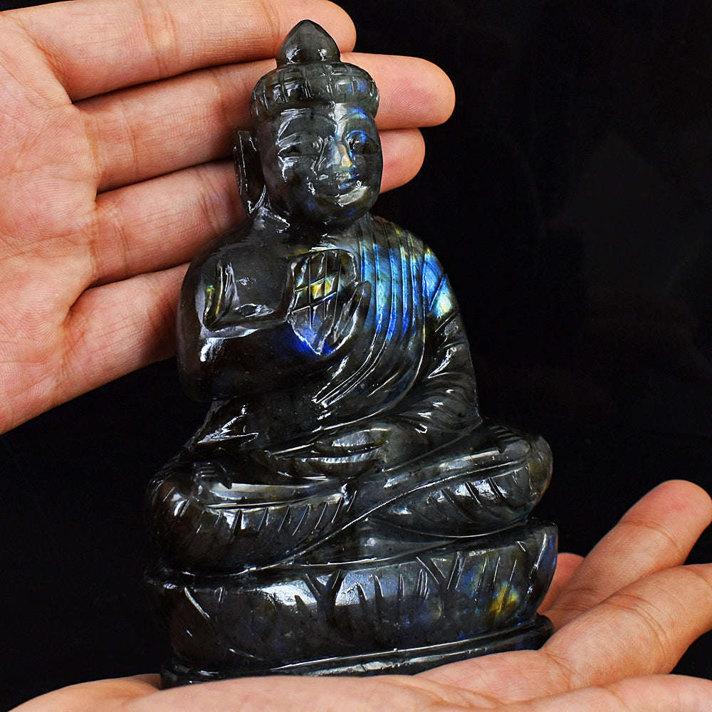 gemsmore:Exclusive Blue & Golden Flash Labradorite  Hand Carved Lord Buddha