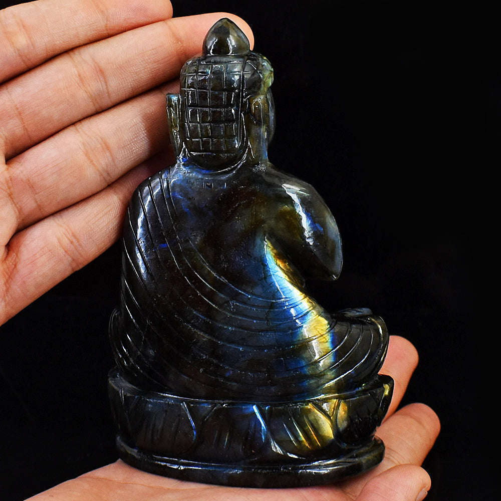 gemsmore:Exclusive Blue & Golden Flash Labradorite  Hand Carved Lord Buddha