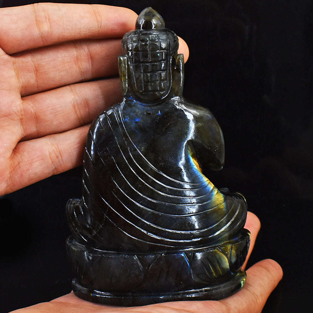 gemsmore:Exclusive Blue & Golden Flash Labradorite  Hand Carved Lord Buddha