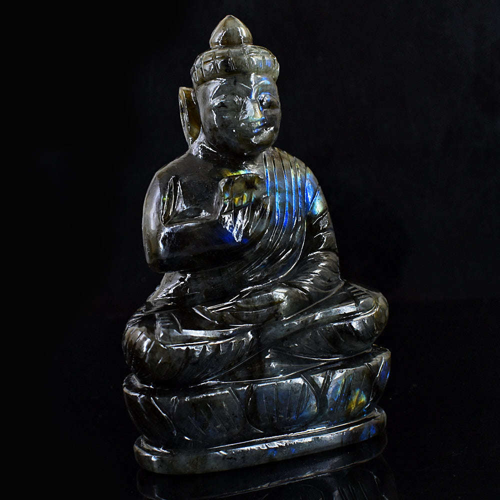 gemsmore:Exclusive Blue & Golden Flash Labradorite  Hand Carved Lord Buddha
