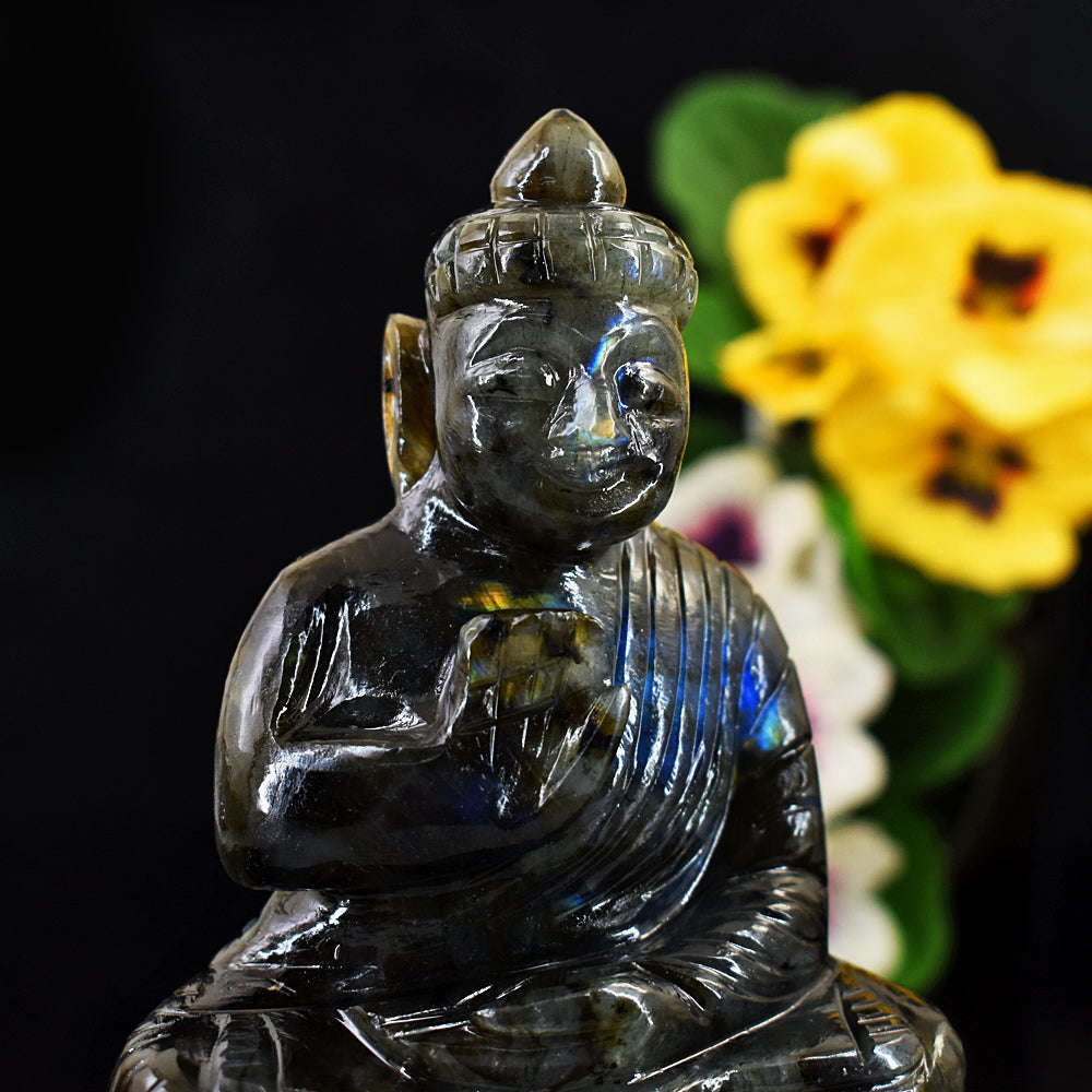 gemsmore:Exclusive Blue & Golden Flash Labradorite  Hand Carved Lord Buddha