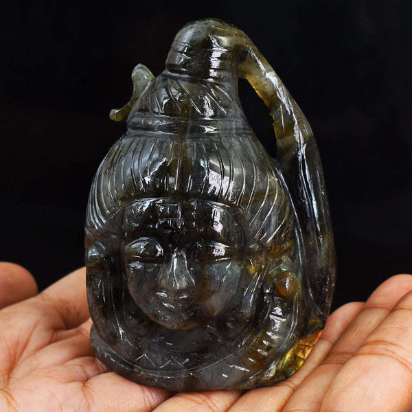 gemsmore:Exclusive Blue & Golden Flash Labradorite Hand Carved Lord Shiva Head  Carving
