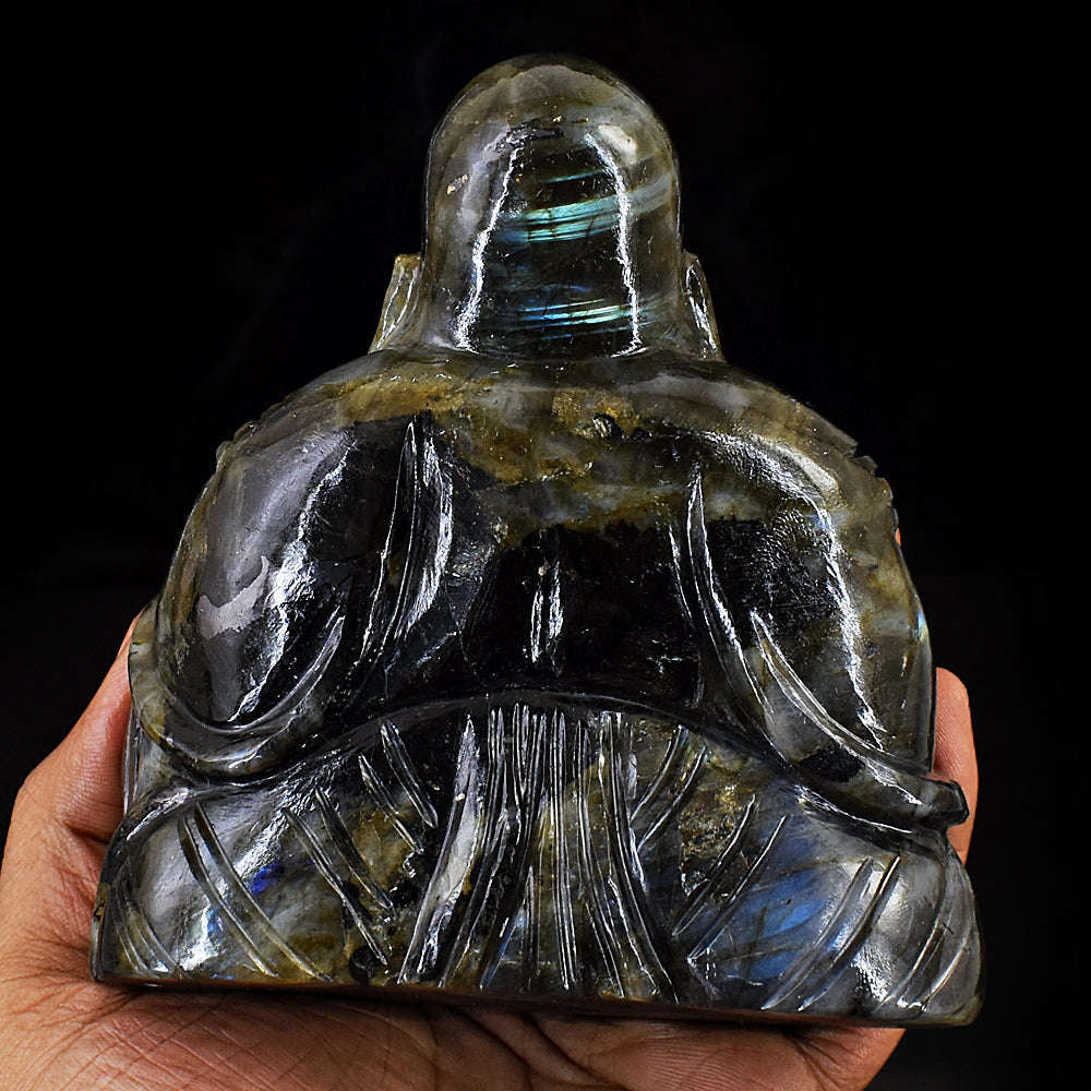 gemsmore:Exclusive Blue & Golden Flash Labradorite Hand Carved Massive Laughing Buddha