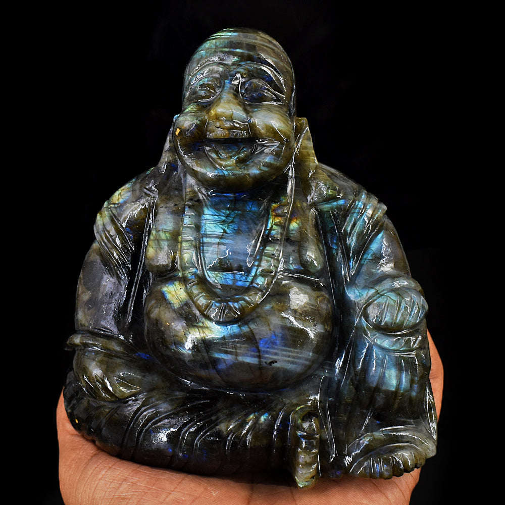 gemsmore:Exclusive Blue & Golden Flash Labradorite Hand Carved Massive Laughing Buddha