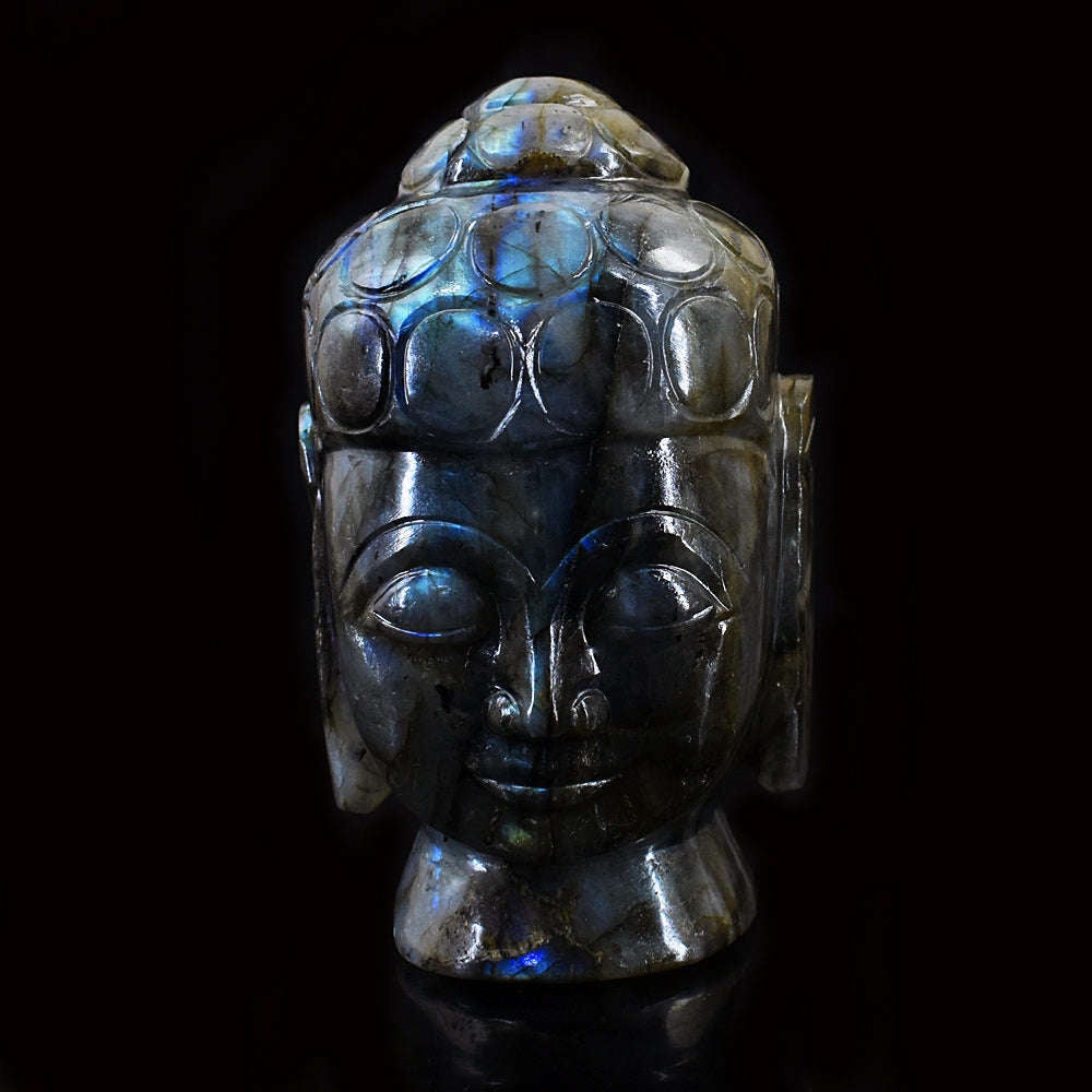 gemsmore:Exclusive Blue & Green Flash Labradorite Hand Carved Genuine Crystal Gemstone Carving Buddha Head