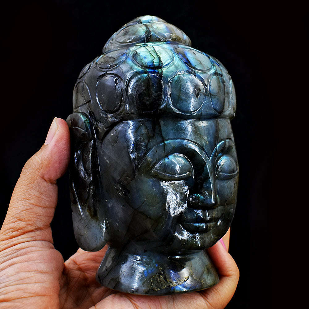 gemsmore:Exclusive Blue & Green Flash Labradorite Hand Carved Genuine Crystal Gemstone Carving Buddha Head