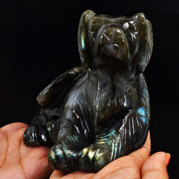 gemsmore:Exclusive Blue & Green Flash Labradorite Hand Carved Genuine Crystal Gemstone Carving Dog