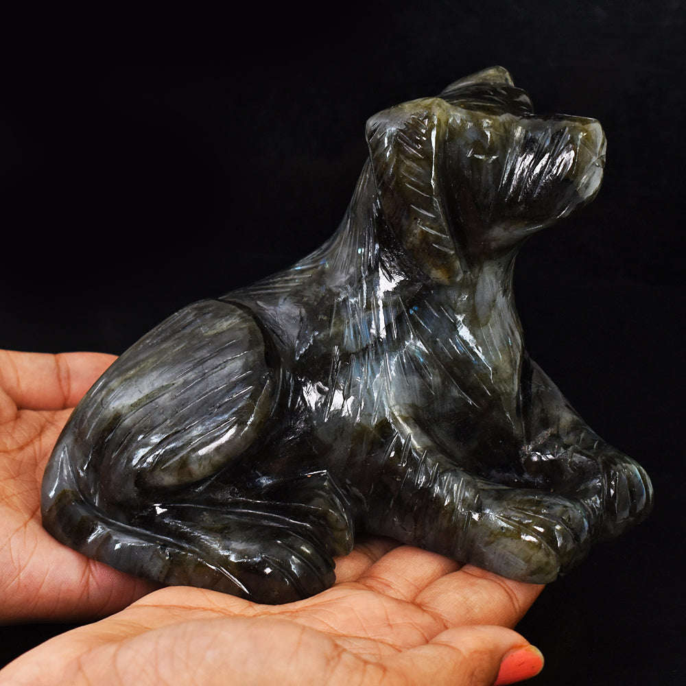 gemsmore:Exclusive Blue & Green Flash Labradorite Hand Carved Genuine Crystal Gemstone Carving Dog