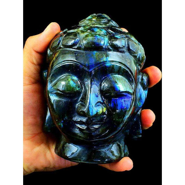 gemsmore:Exclusive Blue Labradorite Gemstone Carved Lord Buddha Head Idol