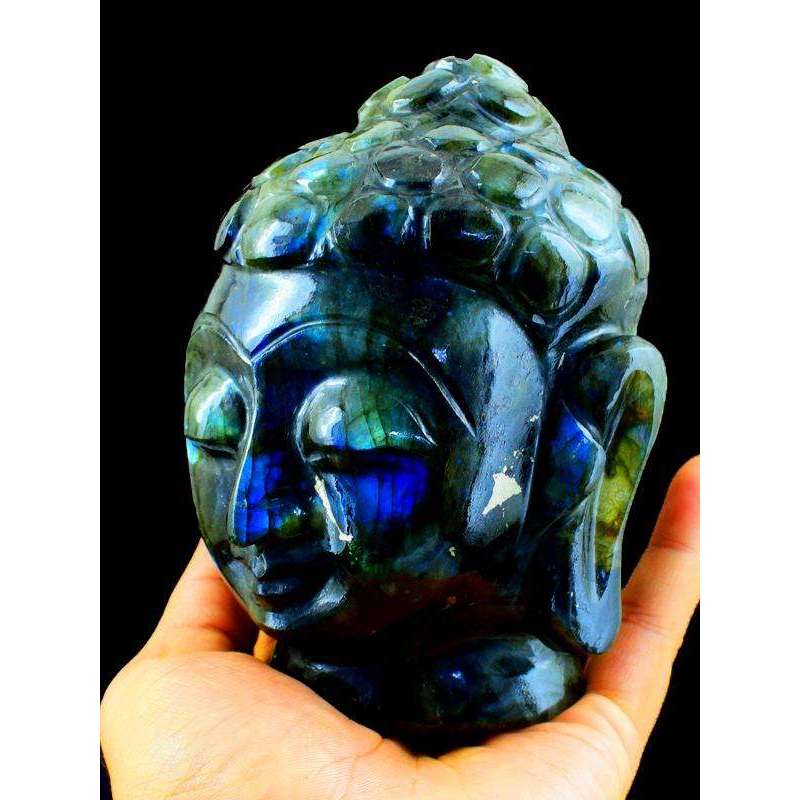 gemsmore:Exclusive Blue Labradorite Gemstone Carved Lord Buddha Head Idol