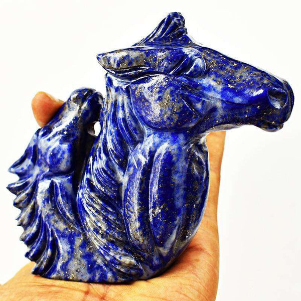 gemsmore:Exclusive Blue Lapis Lazuli Hand Carved Twin Horse Bust