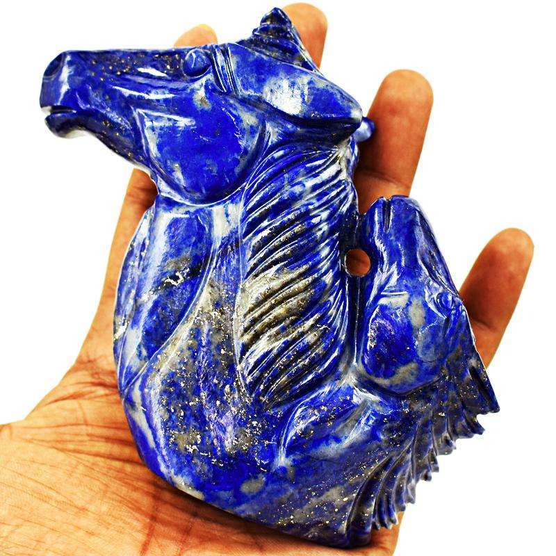 gemsmore:Exclusive Blue Lapis Lazuli Hand Carved Twin Horse Bust