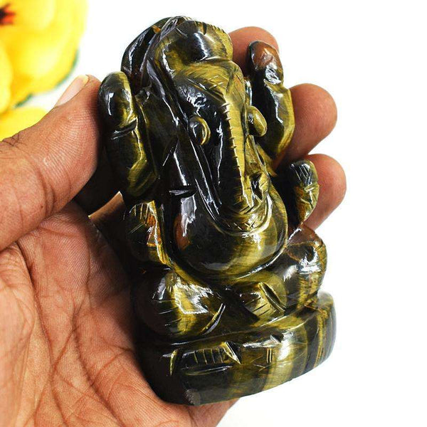 gemsmore:Exclusive Blue Power Tiger Eye Hand Carved Genuine Crystal Gemstone Carving Lord Ganesha