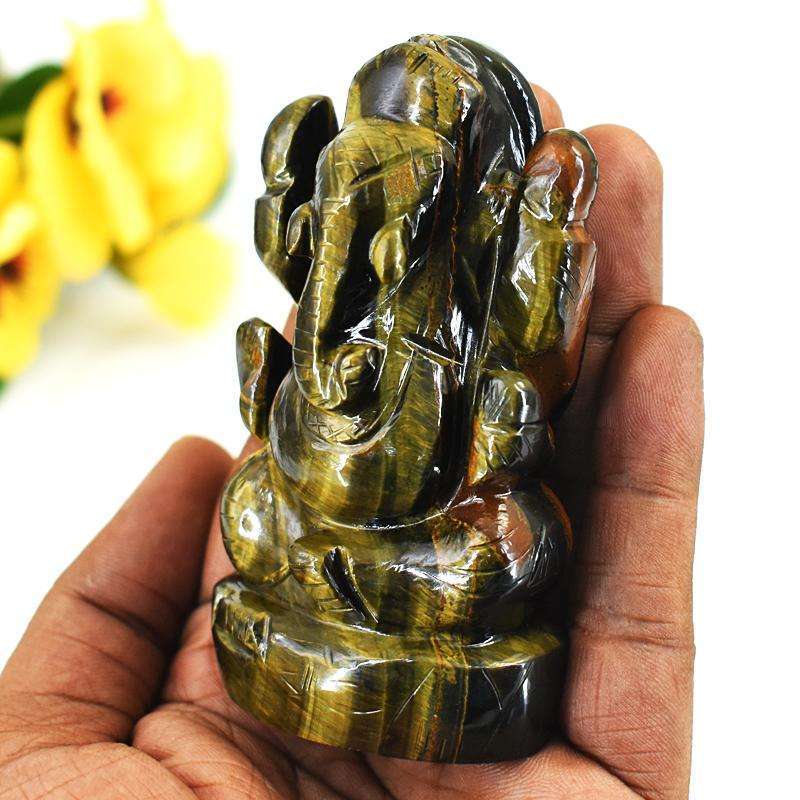 gemsmore:Exclusive Blue Power Tiger Eye Hand Carved Genuine Crystal Gemstone Carving Lord Ganesha