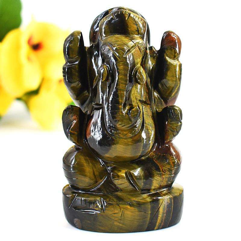 gemsmore:Exclusive Blue Power Tiger Eye Hand Carved Genuine Crystal Gemstone Carving Lord Ganesha