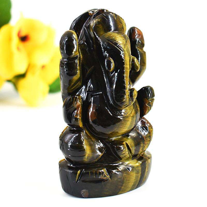 gemsmore:Exclusive Blue Power Tiger Eye Hand Carved Genuine Crystal Gemstone Carving Lord Ganesha