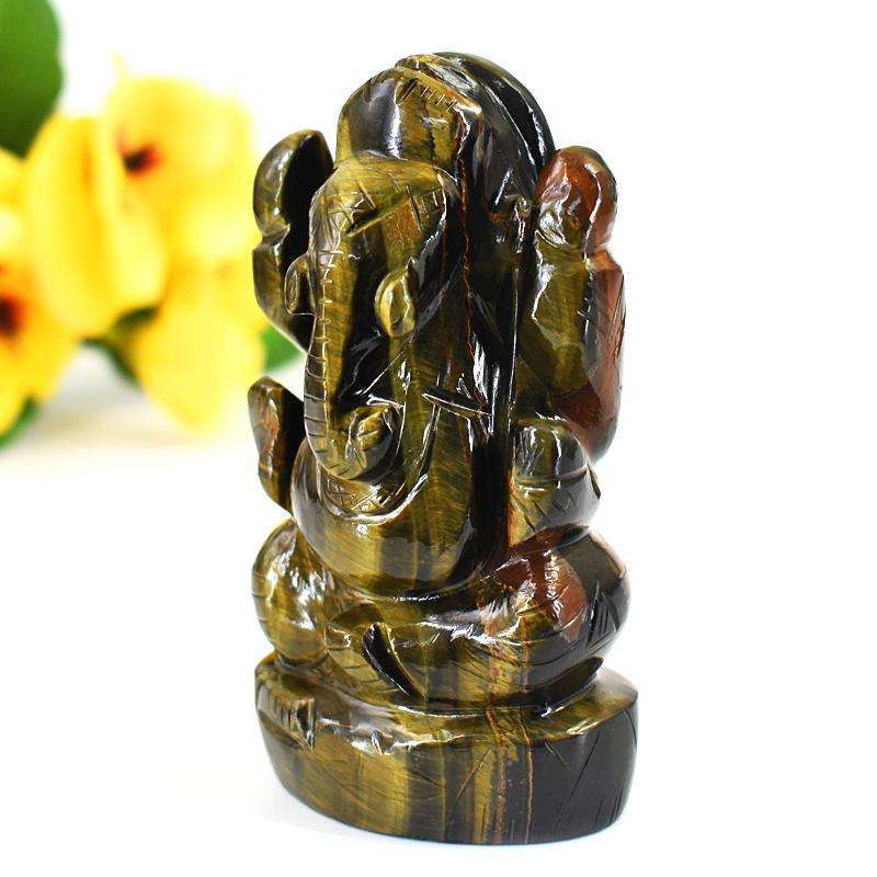 gemsmore:Exclusive Blue Power Tiger Eye Hand Carved Genuine Crystal Gemstone Carving Lord Ganesha