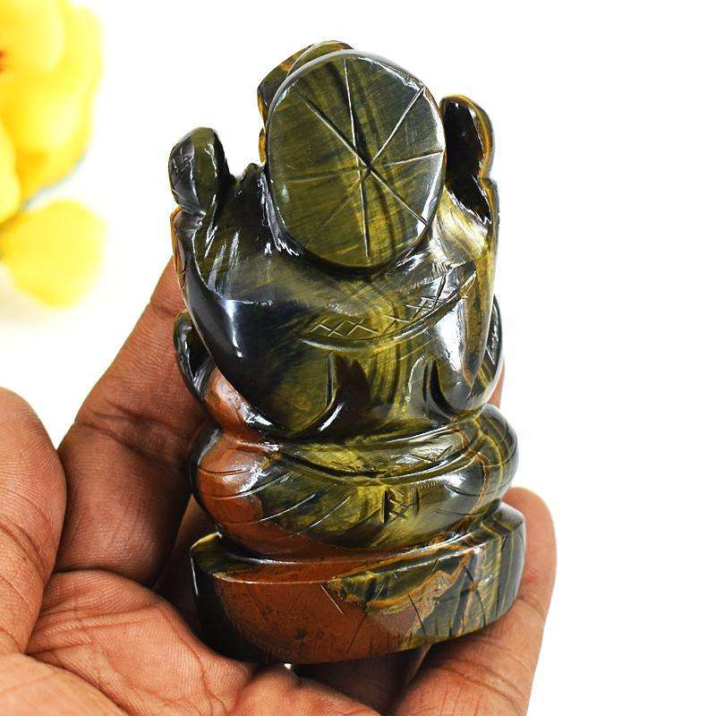 gemsmore:Exclusive Blue Power Tiger Eye Hand Carved Genuine Crystal Gemstone Carving Lord Ganesha