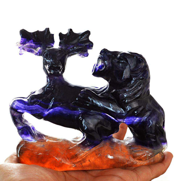 gemsmore:Exclusive Carved Lion & Deer Multicolored Fluorite Beauty - Rare AAA