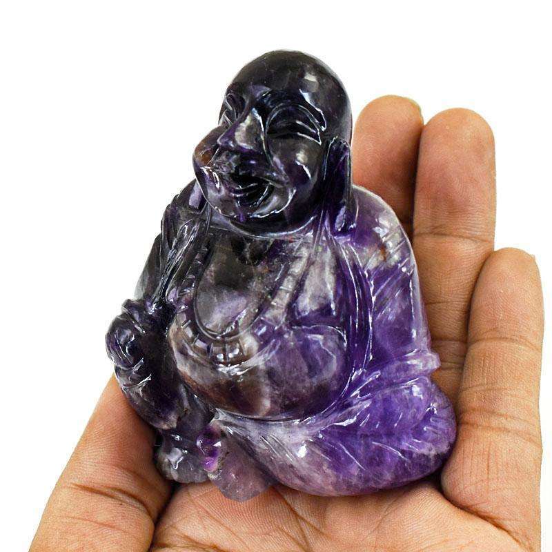 gemsmore:Exclusive Chevron Amethyst Hand Carved Genuine Crystal Gemstone Carving Laughing Buddha