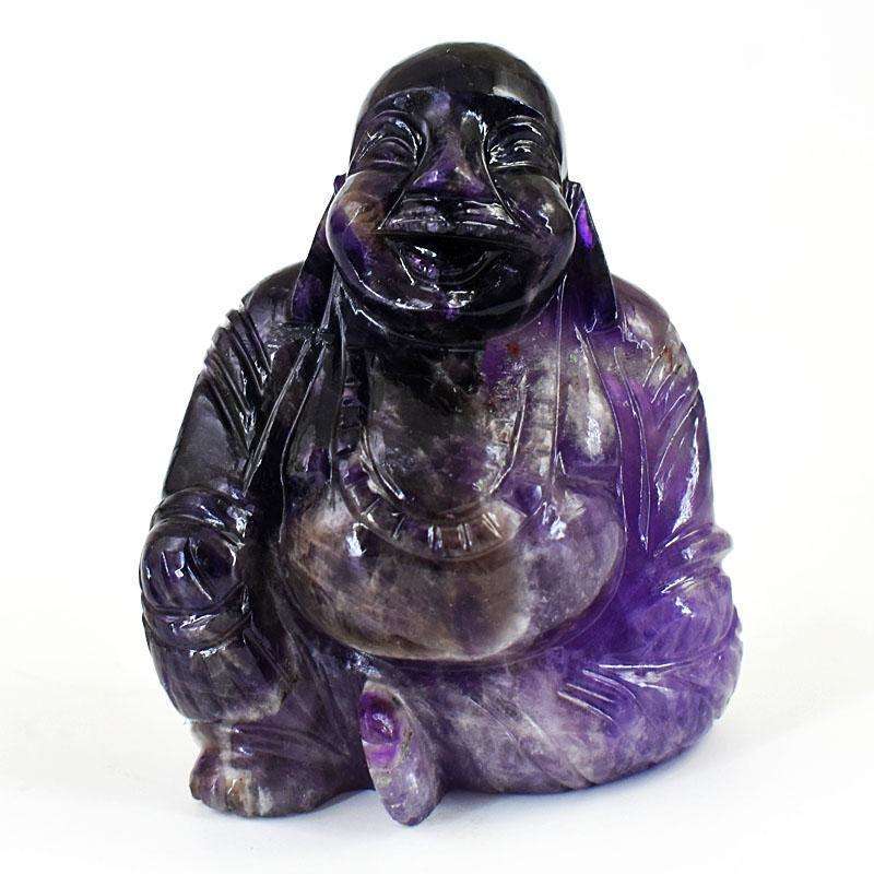 gemsmore:Exclusive Chevron Amethyst Hand Carved Genuine Crystal Gemstone Carving Laughing Buddha