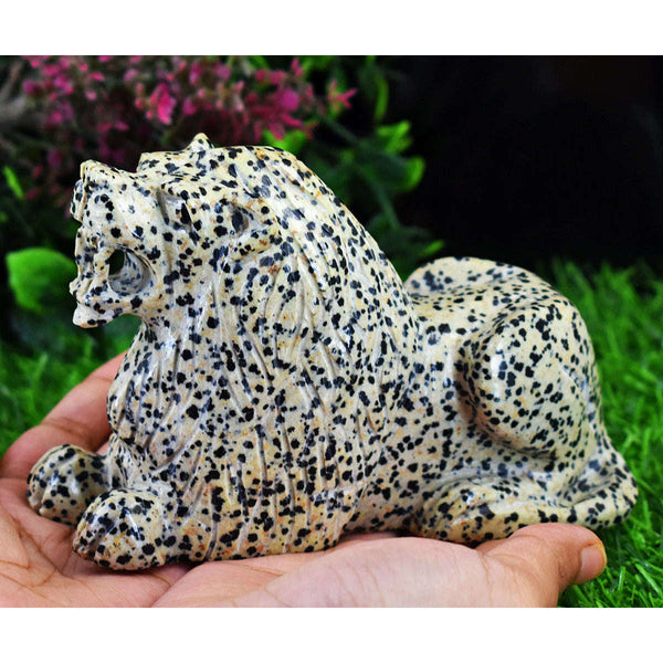 gemsmore:Exclusive Dalmation Jasper  Hand Carved Genuine Crystal Gemstone Carving Massive Lion