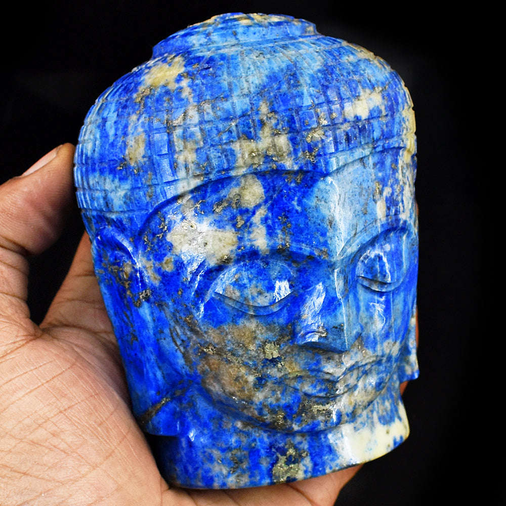 gemsmore:Exclusive Denim Blue Lapis Lazuli  Hand Carved Genuine Crystal Gemstone Carving Buddha Head