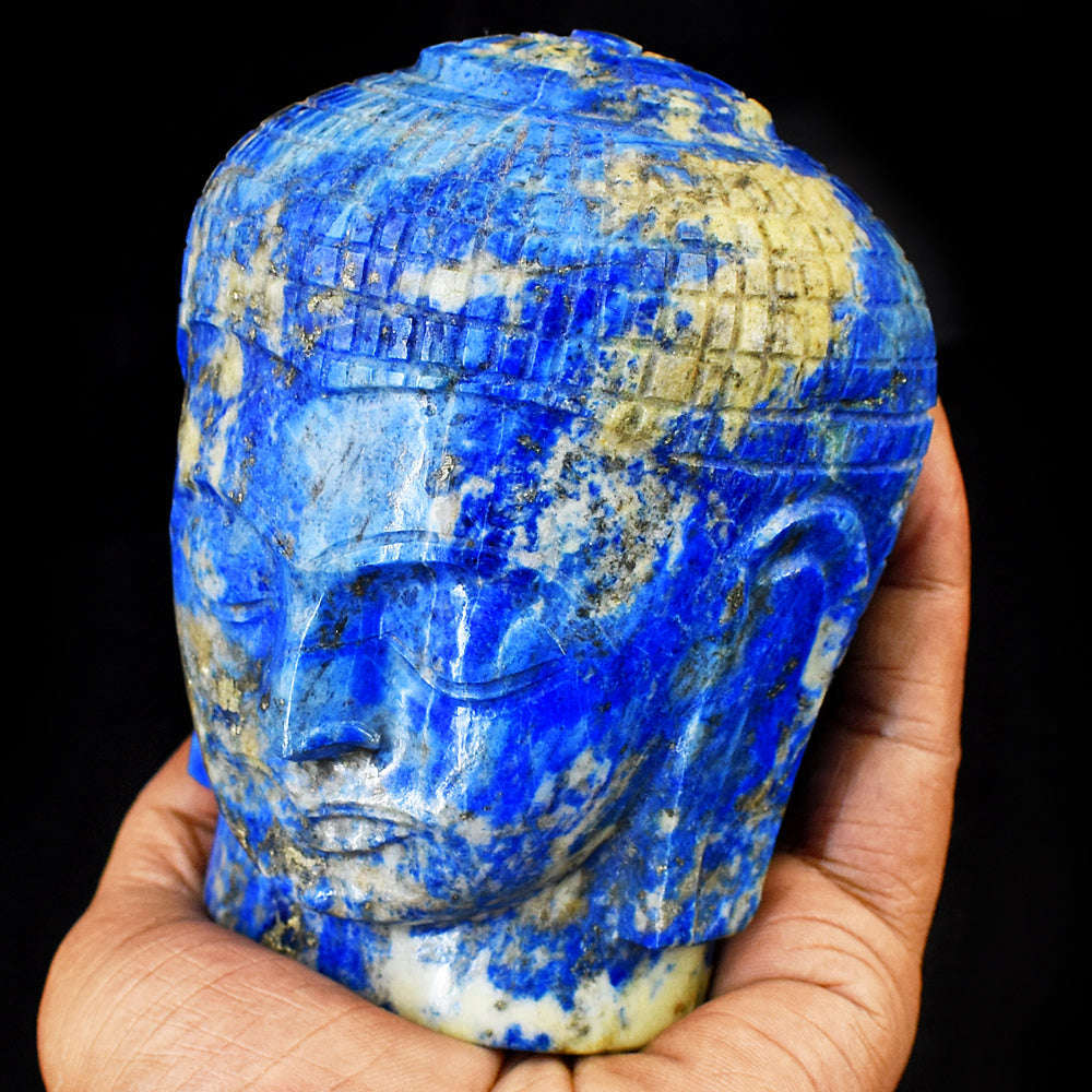 gemsmore:Exclusive Denim Blue Lapis Lazuli  Hand Carved Genuine Crystal Gemstone Carving Buddha Head