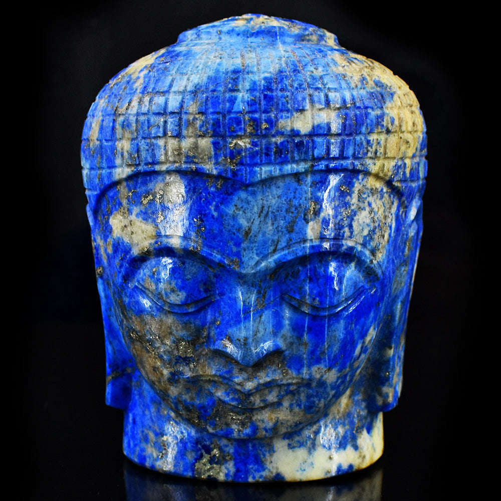 gemsmore:Exclusive Denim Blue Lapis Lazuli  Hand Carved Genuine Crystal Gemstone Carving Buddha Head