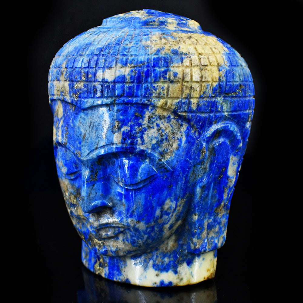 gemsmore:Exclusive Denim Blue Lapis Lazuli  Hand Carved Genuine Crystal Gemstone Carving Buddha Head