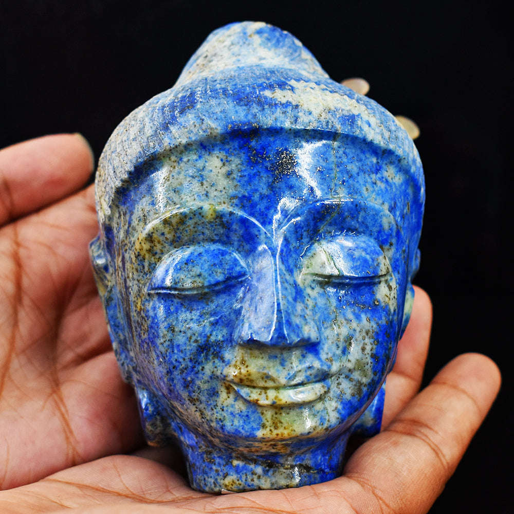 gemsmore:Exclusive Denim Blue Lapis Lazuli  Hand Carved Genuine Crystal Gemstone Carving Buddha Head