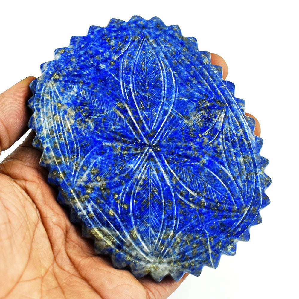 gemsmore:Exclusive Denim Blue Lapis Lazuli  Hand Carved Genuine Crystal Gemstone Carving Mughal Carved Gem