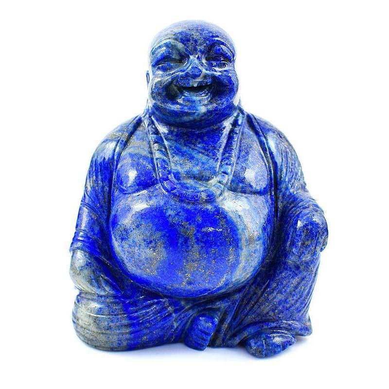 gemsmore:Exclusive Genuine Lapis Lazuli Hand Carved Laughing Buddha Idol Statute
