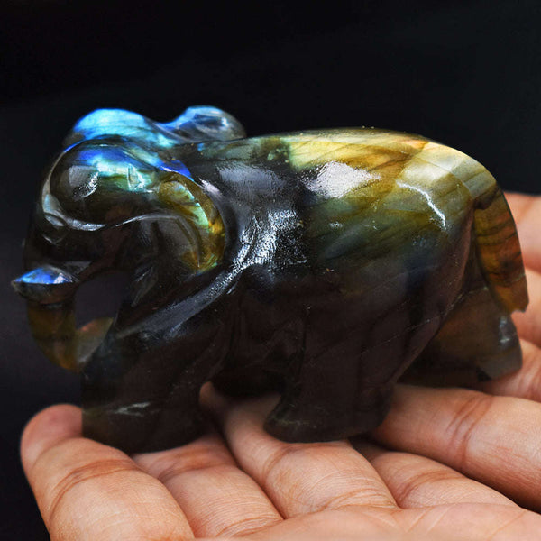 gemsmore:Exclusive Golden & Blue Flash Labradorite Hand Carved Crystal Gemstone Carving Elephant