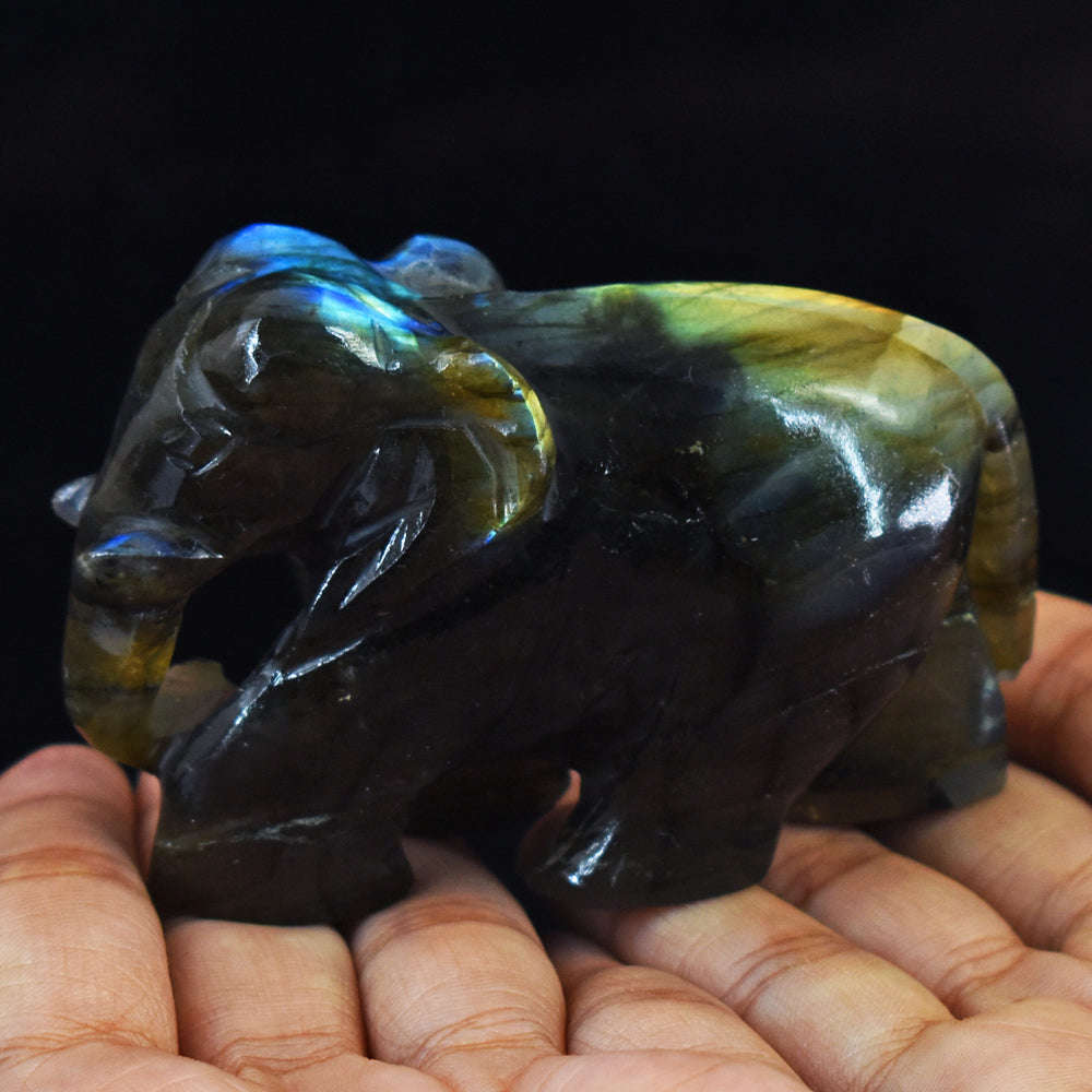 gemsmore:Exclusive Golden & Blue Flash Labradorite Hand Carved Crystal Gemstone Carving Elephant