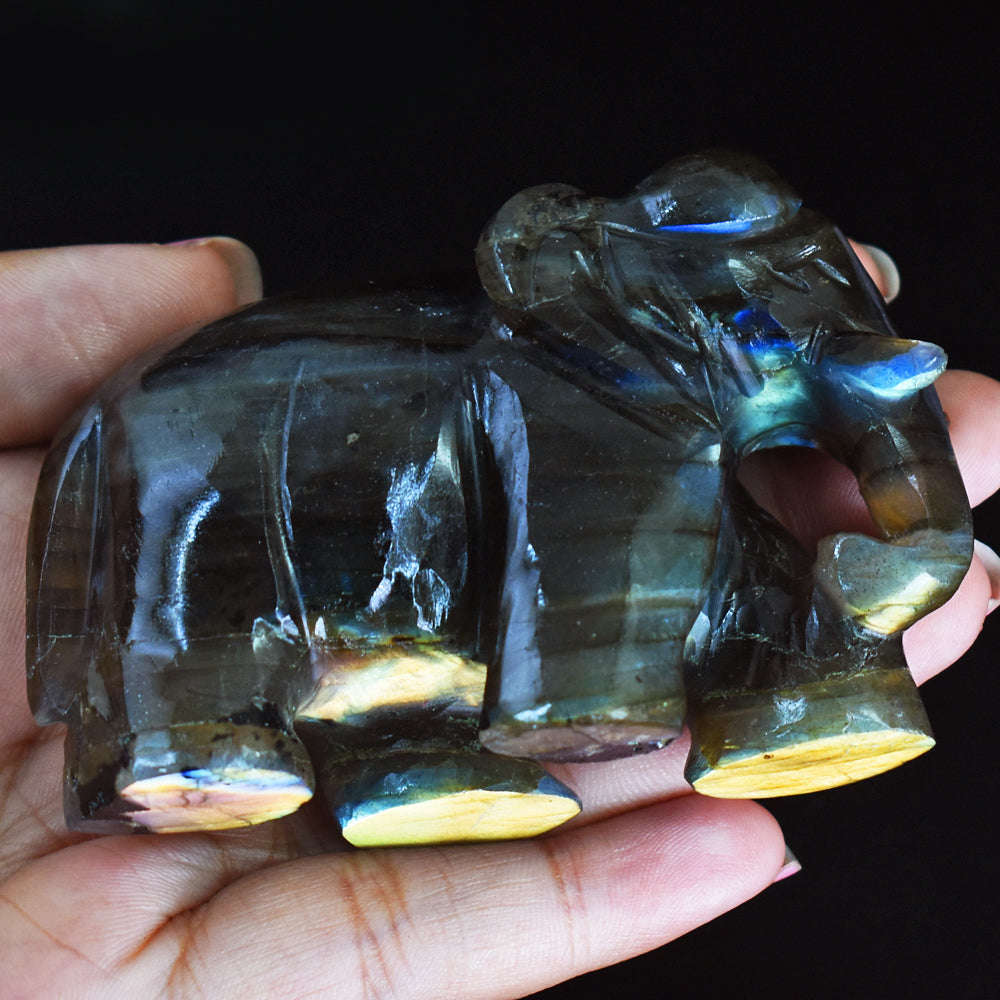 gemsmore:Exclusive Golden & Blue Flash Labradorite Hand Carved Crystal Gemstone Carving Elephant