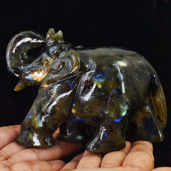 gemsmore:Exclusive Golden & Blue Flash Labradorite Hand Carved Genuine Crystal Gemstone Carving Elephant