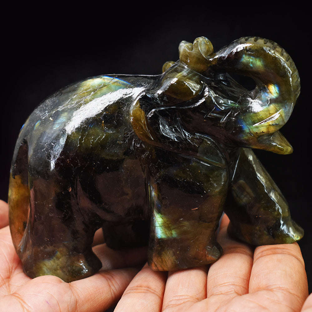 gemsmore:Exclusive Golden & Blue Flash Labradorite Hand Carved Genuine Crystal Gemstone Carving Elephant