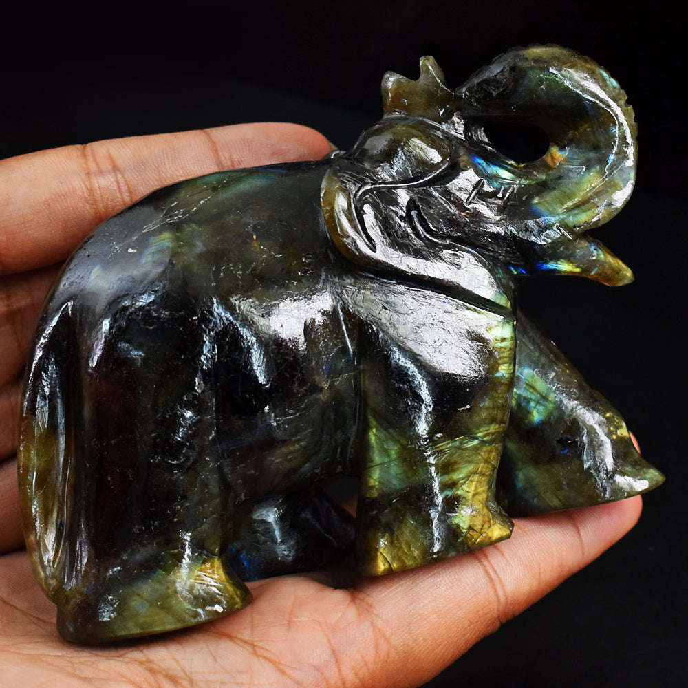 gemsmore:Exclusive Golden & Blue Flash Labradorite Hand Carved Genuine Crystal Gemstone Carving Elephant