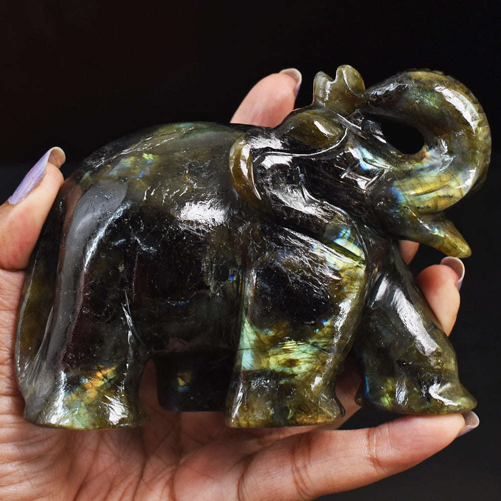 gemsmore:Exclusive Golden & Blue Flash Labradorite Hand Carved Genuine Crystal Gemstone Carving Elephant