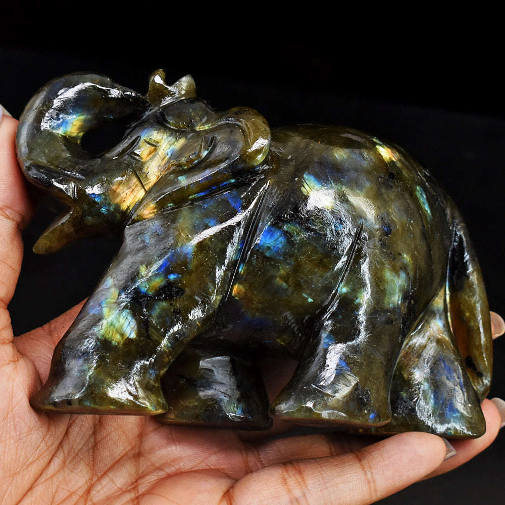 gemsmore:Exclusive Golden & Blue Flash Labradorite Hand Carved Genuine Crystal Gemstone Carving Elephant