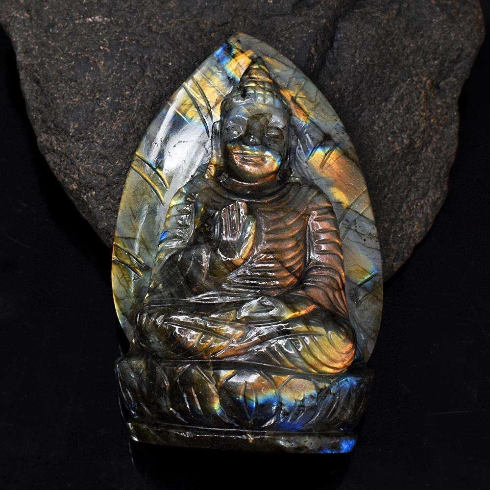 gemsmore:Exclusive Golden & Blue Flash Labradorite Hand Carved Lord Buddha