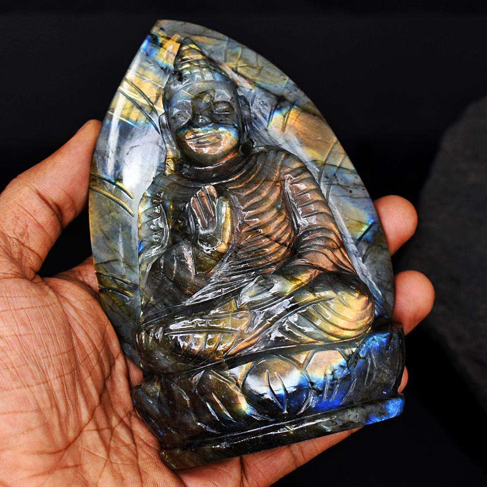 gemsmore:Exclusive Golden & Blue Flash Labradorite Hand Carved Lord Buddha