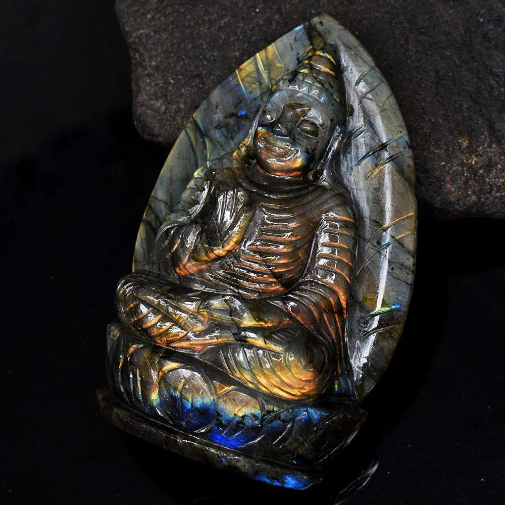 gemsmore:Exclusive Golden & Blue Flash Labradorite Hand Carved Lord Buddha