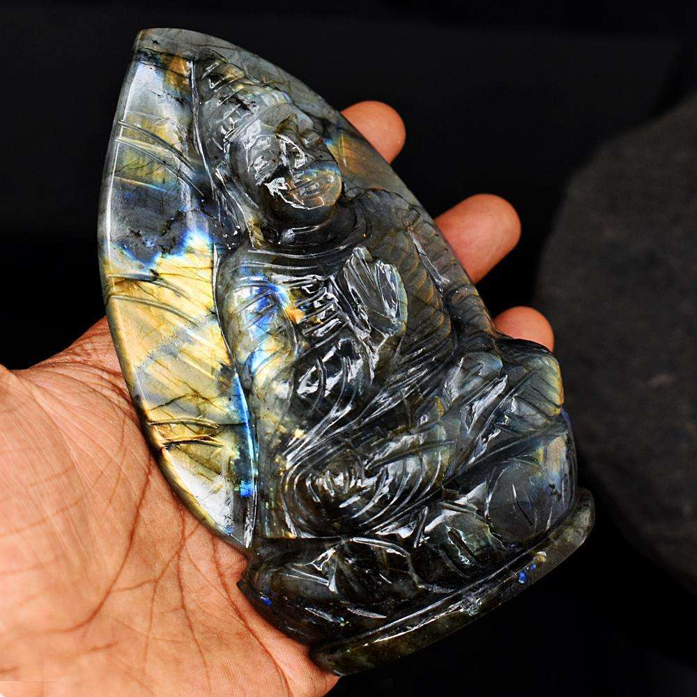 gemsmore:Exclusive Golden & Blue Flash Labradorite Hand Carved Lord Buddha