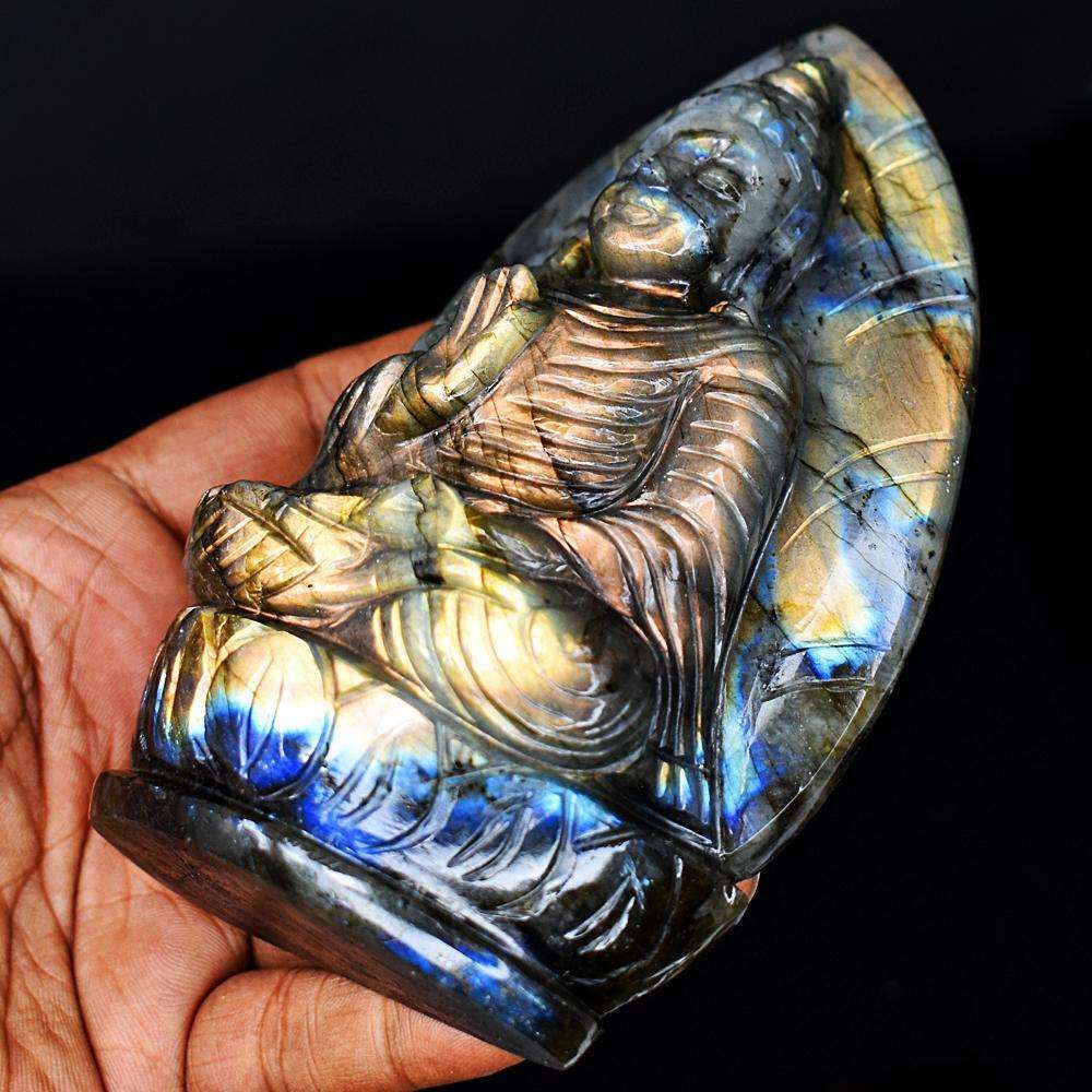 gemsmore:Exclusive Golden & Blue Flash Labradorite Hand Carved Lord Buddha